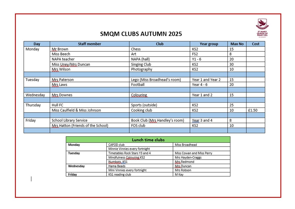Autumn term clubs
